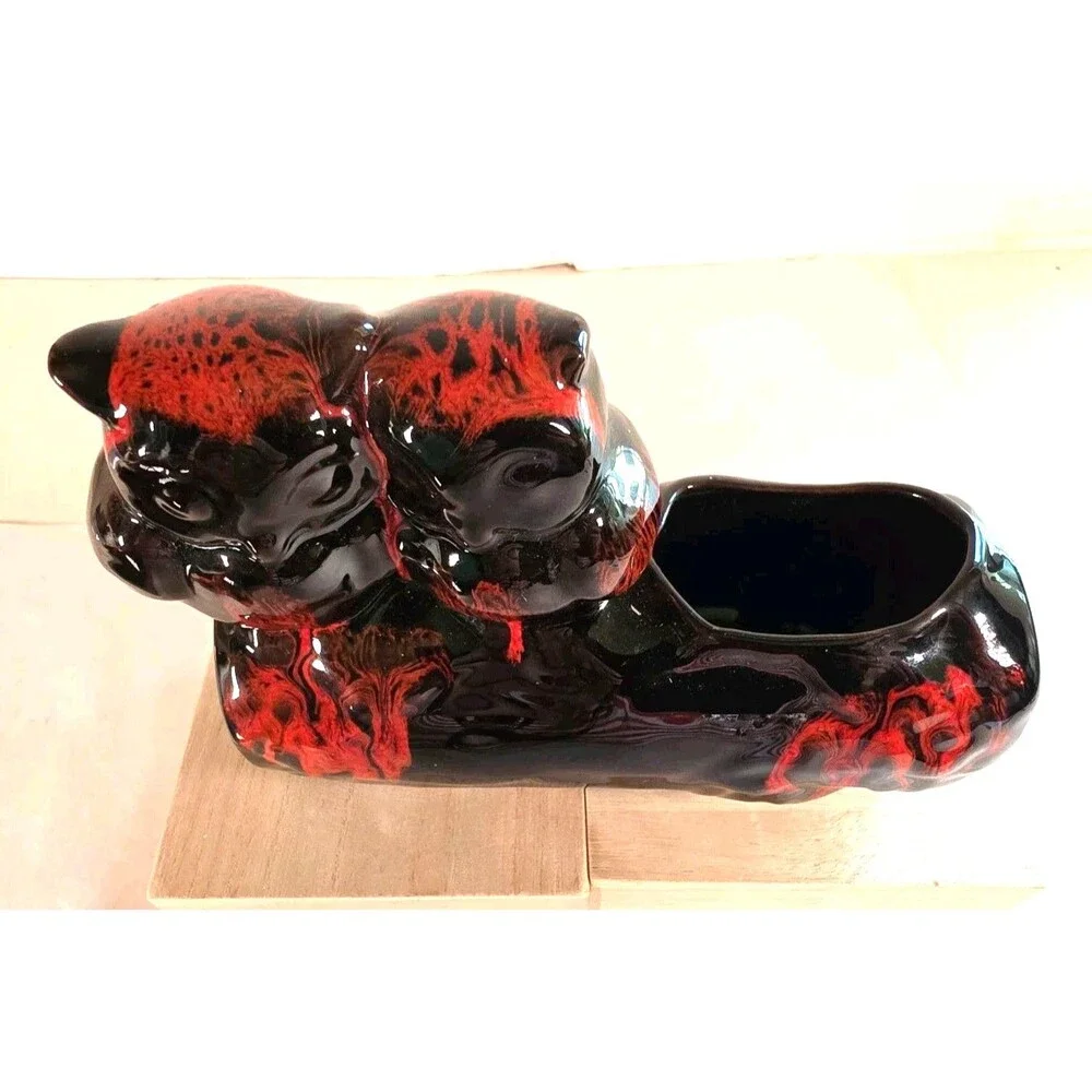 Vintage Canuck Orange And Black Drip Owl Planter MCM Kitchy